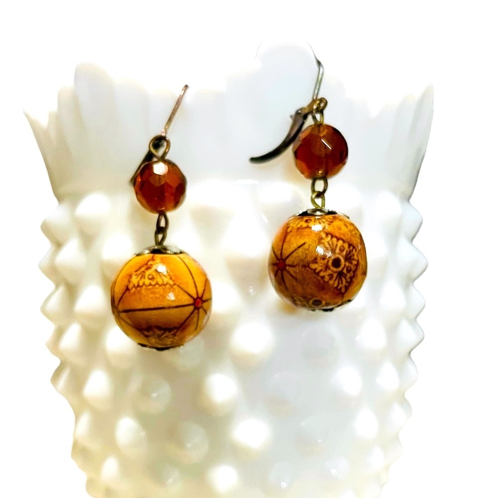Exotic Print Wood Beads Dangle Earrings